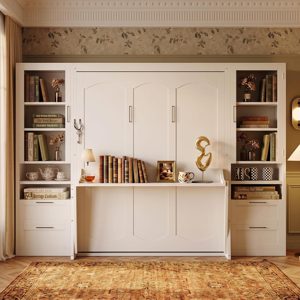 Queen Size Murphy Bed, Wall Bed with Closet, Drawers and Shelves, White