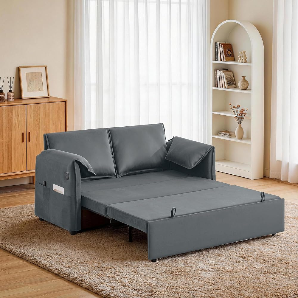 63" 3-in-1 Grey Velvet Convertible Sleeper Sofa Bed, Adjustable Backrest Pull Out Loveseat with USB & Side Pocket for Small Spaces