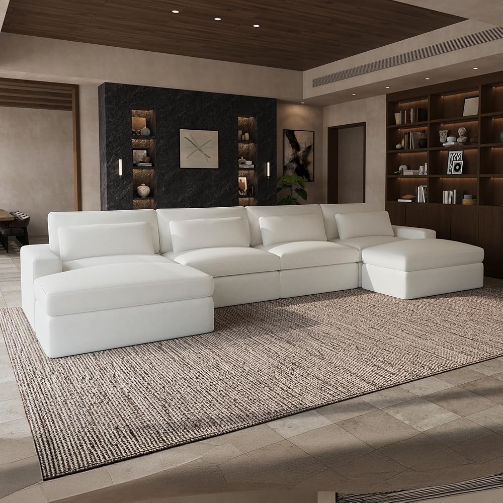 181" Deep Seat Modular Sectional Sofa, Removable Washable Covers, 6 Seater U Shape Cloud Couch with Lumbar Pillows, Chenille Boneless Sectional Couch Beige, No Assembly Required