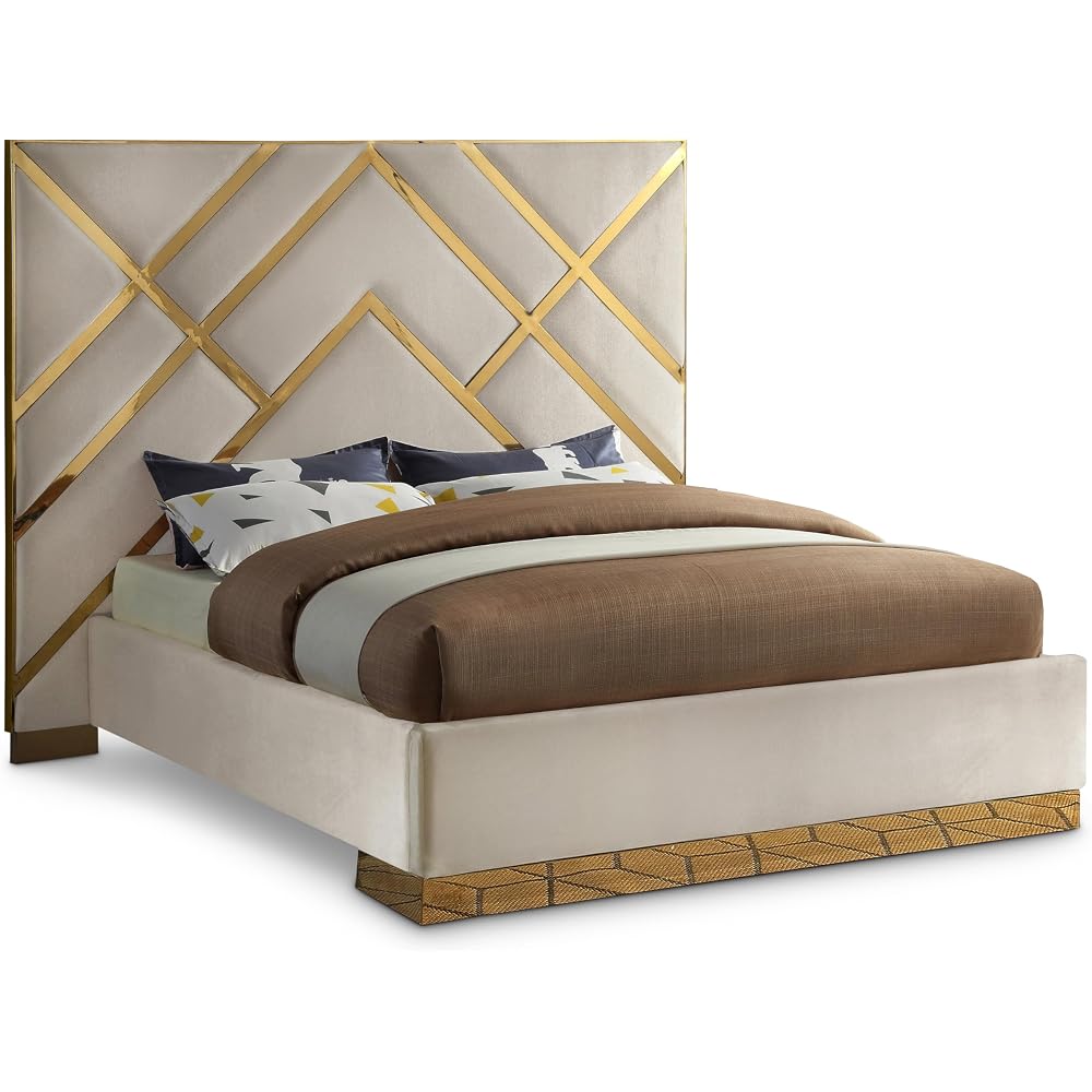 VectorCream-Q Vector Collection Modern | Contemporary Velvet Upholstered Bed, Custom Gold Metal Base and Polished Gold Metal Design, 81.5" W x 85.5" D x 68" H, Cream, Queen