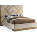 VectorCream-Q Vector Collection Modern | Contemporary Velvet Upholstered Bed, Custom Gold Metal Base and Polished Gold Metal Design, 81.5" W x 85.5" D x 68" H, Cream, Queen
