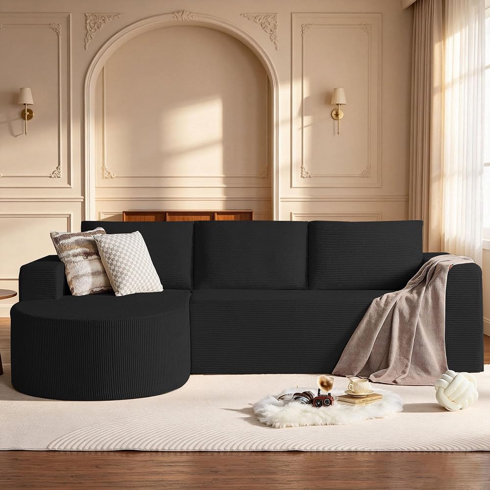 104.92" L-Shaped Sectional Sofa with Chaise, Boneless Comfy Corduroy Fluffy Couch with Deep Seat,Headrests, Compression Sofa for Living Room, No Assembly