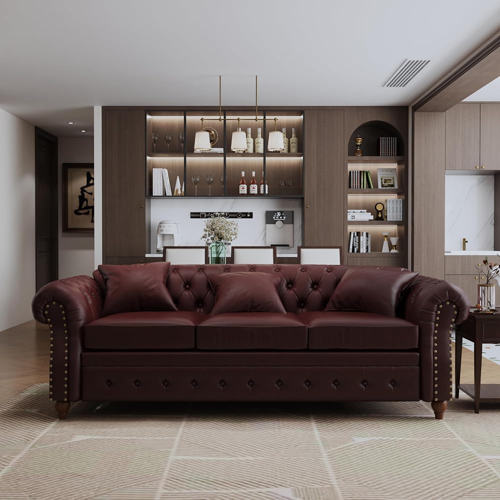 85.8" Tufted Leather Chesterfield Sofa with Storage, Burgundy