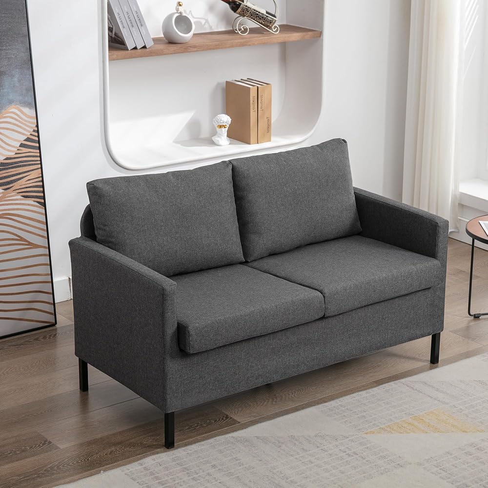 Dark Grey Linen Small Couch Loveseat, 2-Seat Sofa for Living Room