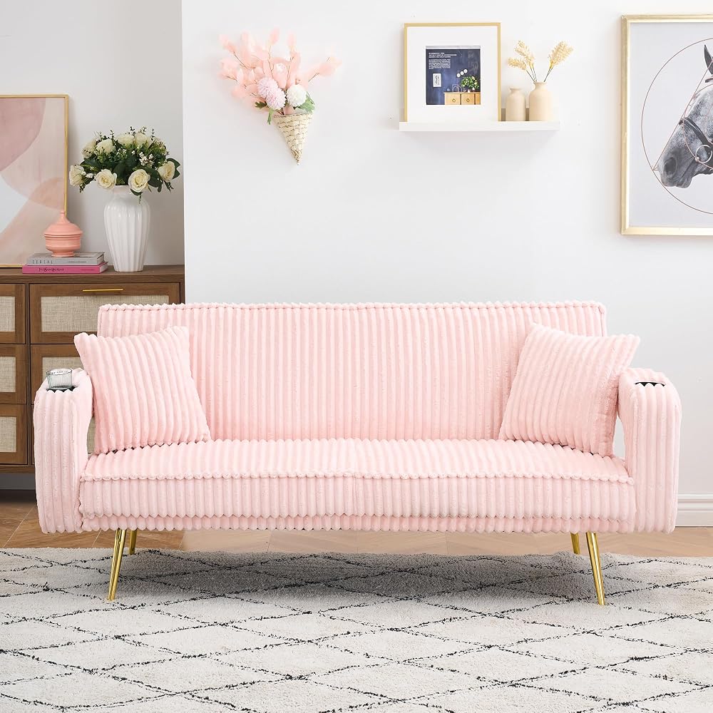 74" Modern Corduroy Sofa Bed Futon,Convertible Sleeper Bed Couch with Dual Cup Holder,4 Reclining Positions,Folding Cloud Sofa Loveseat for Small Living Room Apartment Office (Pink)