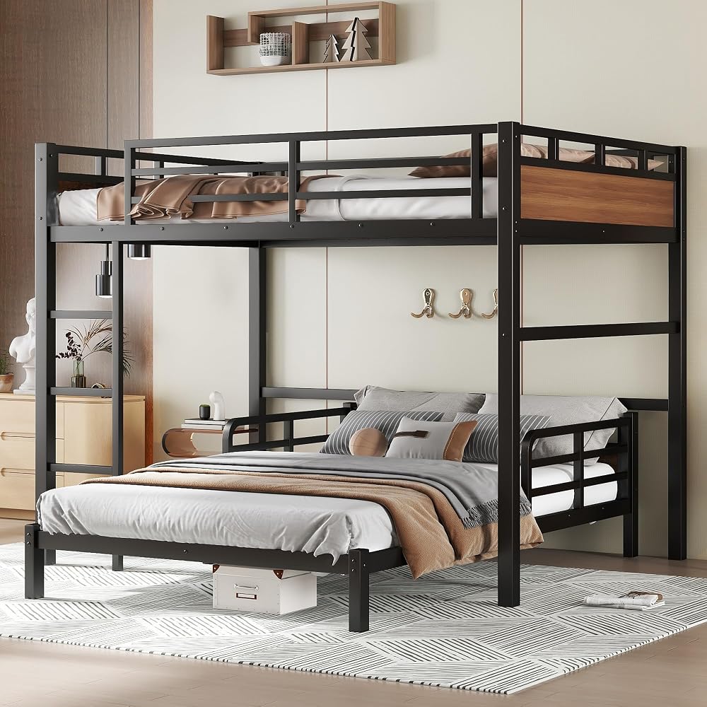 Full XL Over Full XL Bunk Bed, Separable Bunk Beds for Kids, Converts to Loft Bed & Platform Bed, Heavy Duty Metal Bunkbed with Guardrails, No Box Spring Needed, Walnut