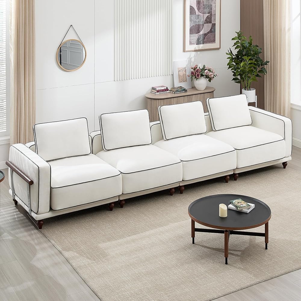 146" Modular Sectioanl Sofa, Oversized 4-Seater Cloud Couches for Living Room, Comfy Deep Seat Couches with Wooden Leg, Armrets, Chenille White