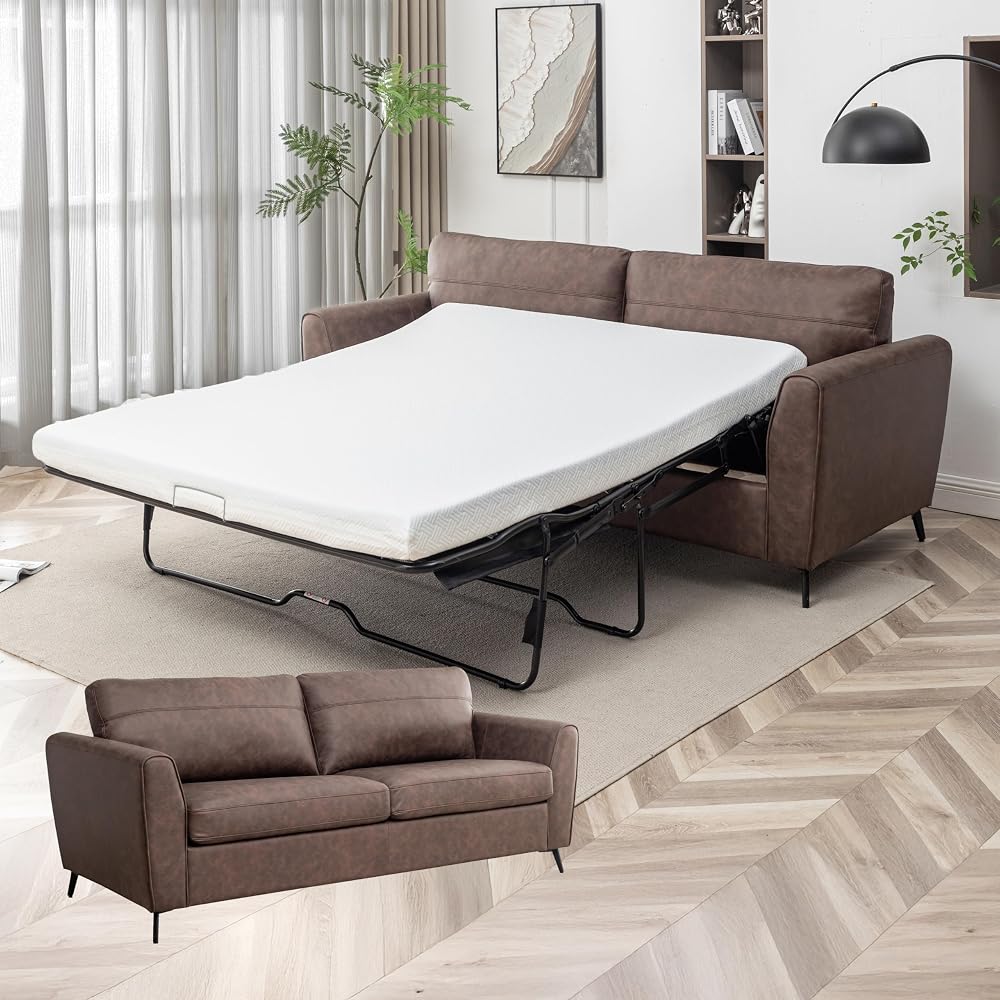 Luna Faux Leather Pull Out Couch Bed with Queen Size Memory Foam Mattress, Convertible Sofa for Living Room, Modern Foldable Sleeper Furniture for Apartments, Guest Rooms or Offices, Brown