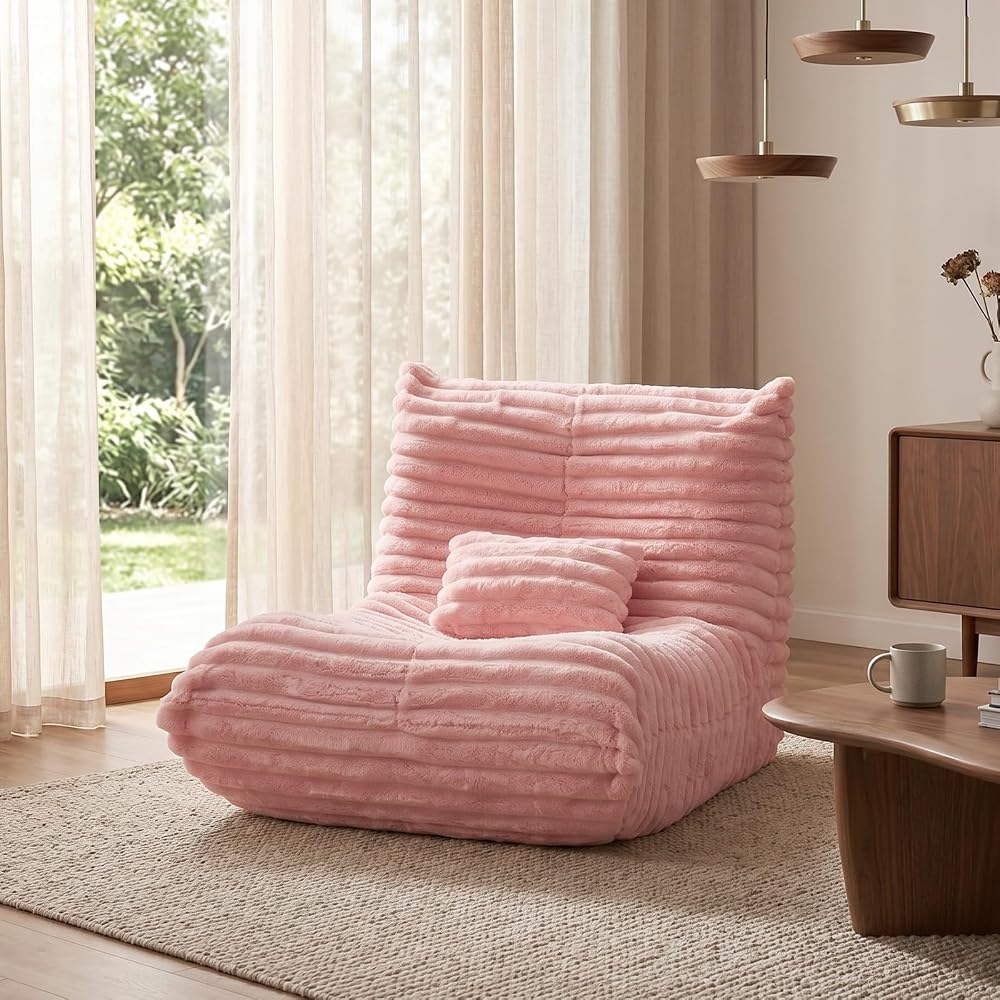 Bean Bag Chair for Adults, Giant Memory Foam Floor Sofa with Lumbar Pillow, Oversized Corduroy Beanbag Couch, Comfy Lounge Chair for Living Room, Bedroom, Apartment, Reading, Gaming, Pink