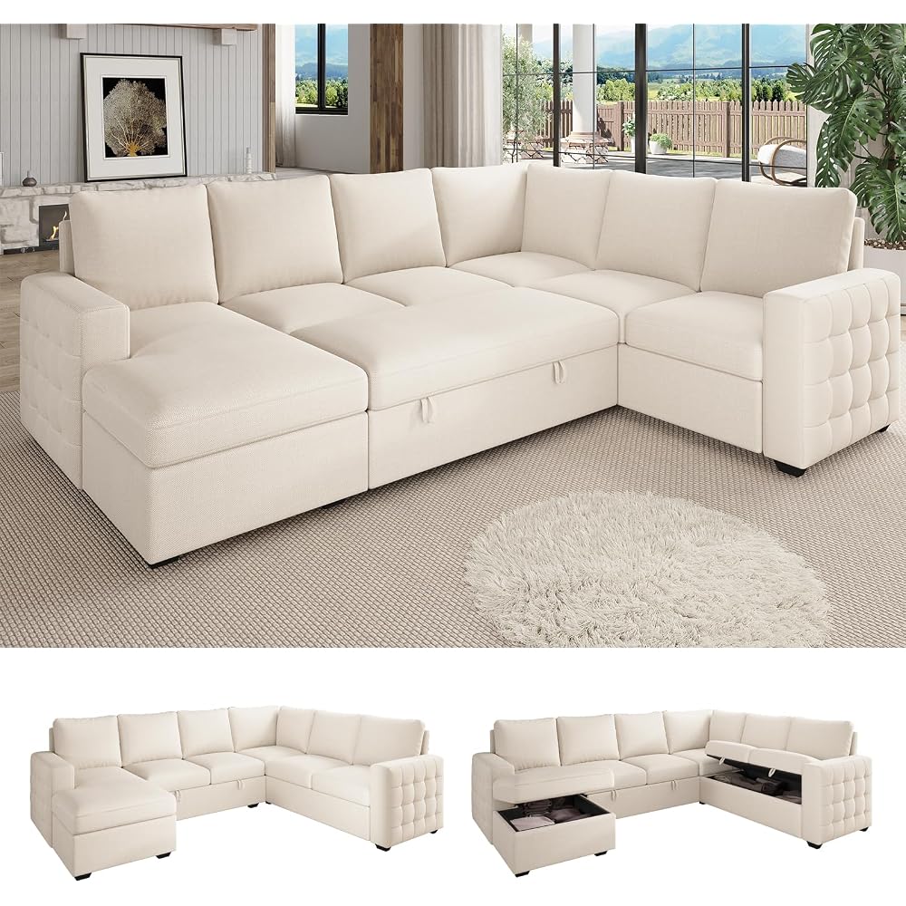 104" Sectional Sleeper Sofa Bed, U Shaped Pull Out Couch with Storage, 7 Seat Cloud Sofas with Chaise, Convertible Sofa Beds, Sleeper Sectional Couches for Living Room, Beige