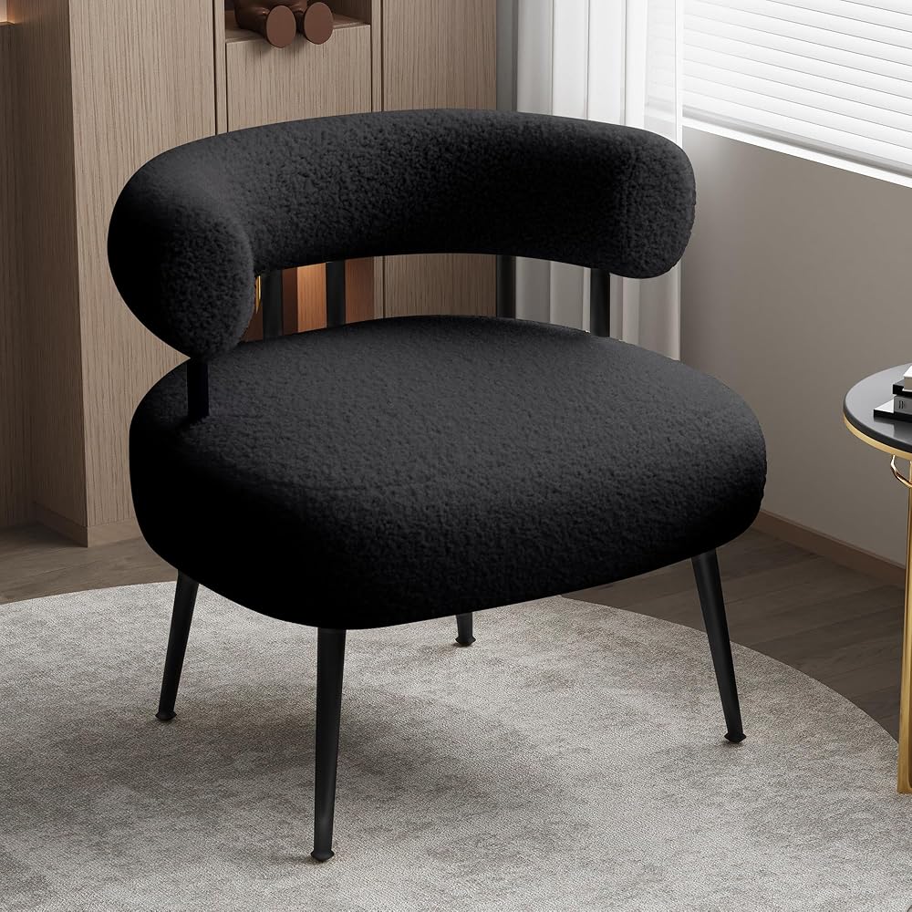 Mid Century Sherpa Boucle Accent Chair, Round Upholstered Barrel Arm Chair for Small Spaces, Fluffy Side Corner Sofa Chair for Living Room, Bedroom, Vanity, Office, Reading Nook