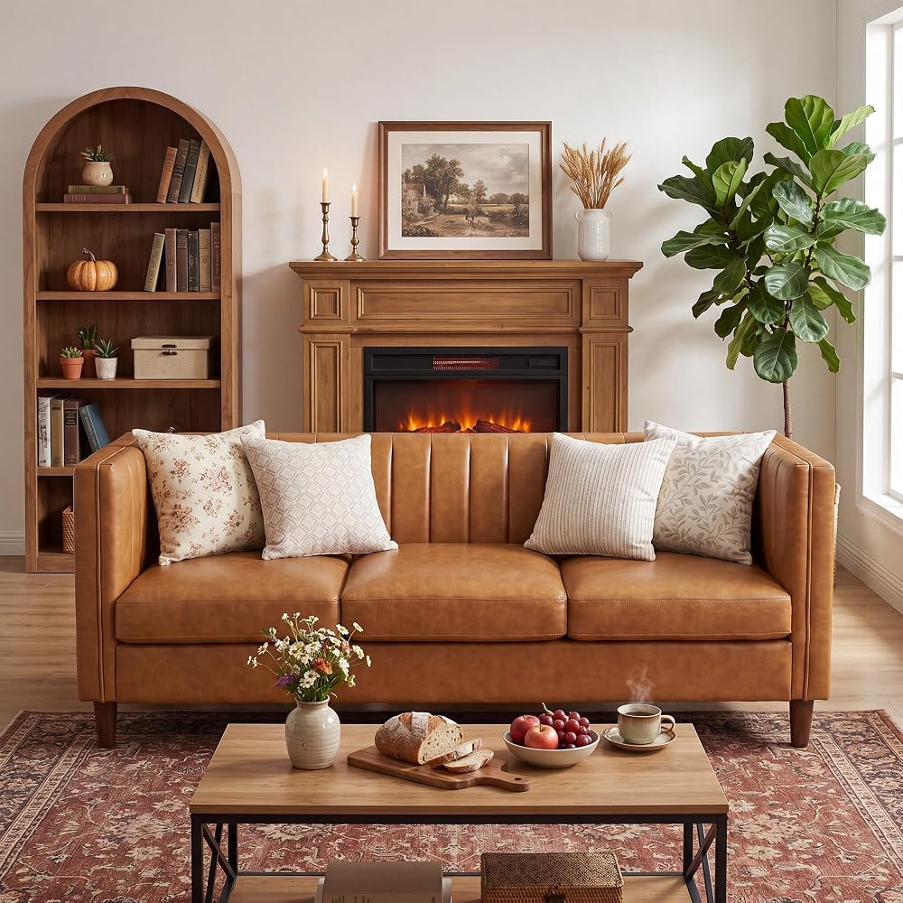 81'' Cognac Tan Faux Leather Couch for Living Room