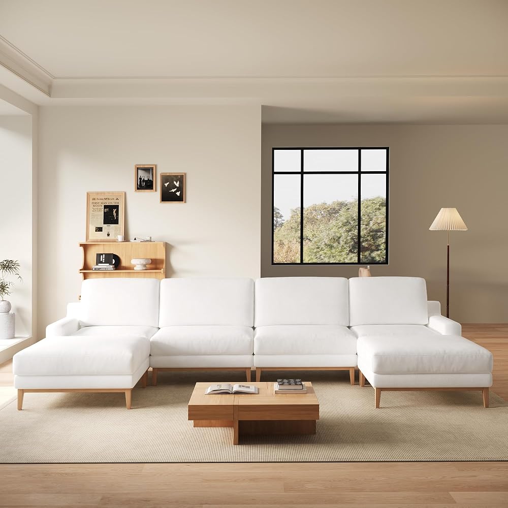 156" U Shape Modern Sofa with 2 Ottoman, Oversized Luxury Sectional Modular Sofa, Deep Seat Cloud Couch, 4 Seat Couch with Solid Wood Leg, White