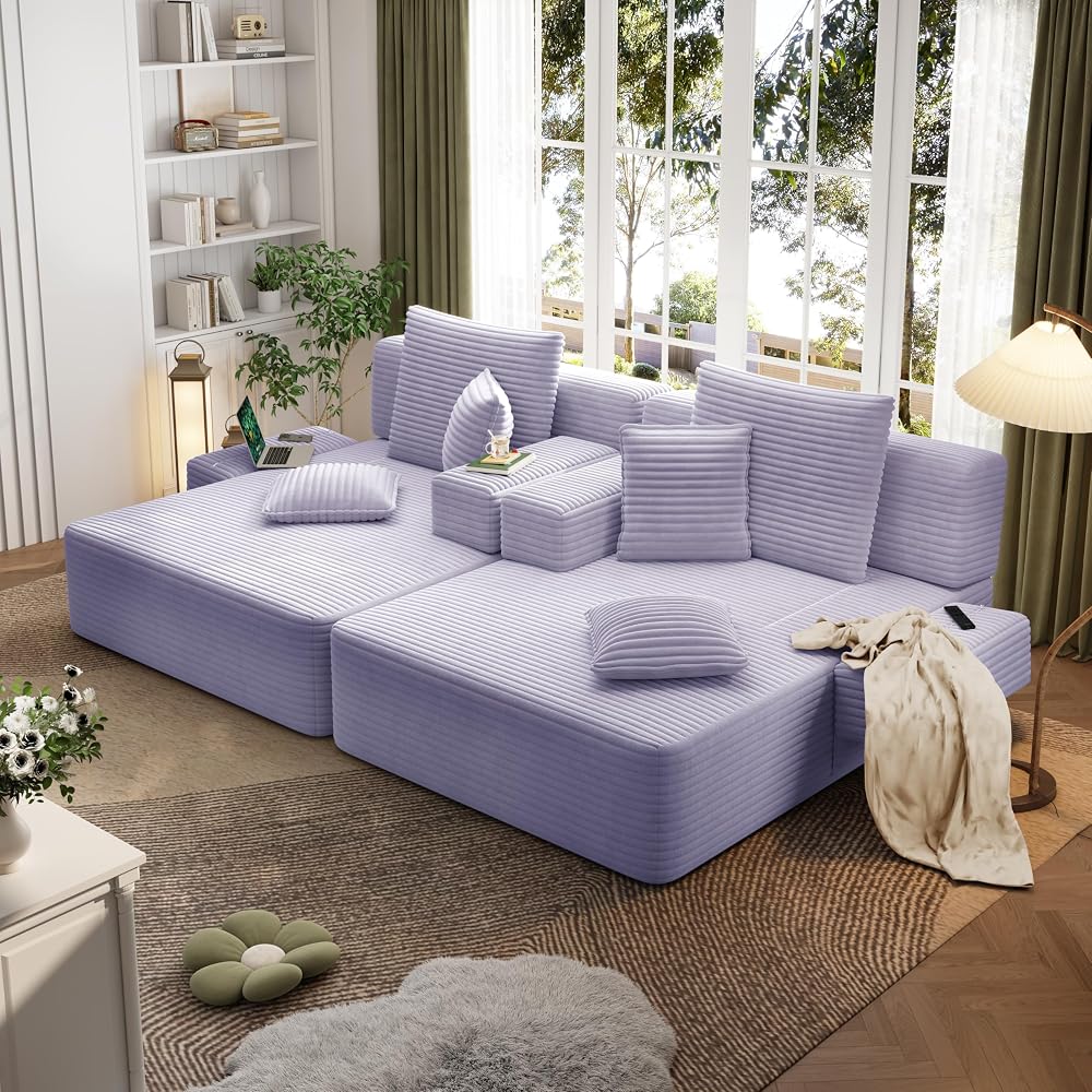 2-Piece Oversized Chaise Lounge Chair Indoor Plush Corduroy Boneless Sleeper Sofa Couch w/ 6 Pillows & Side Pockets, Adjustable Back/Armrest Comfy Reading Chair for Living Room Bedroom, Purple