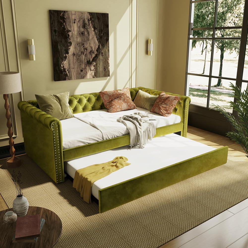 Twin Size Upholstered Daybed with Trundle, Modern Velvet Sofa Bed with Tufted Button Design and Curved Armrests for Living Room, Bedroom and Guest Room, No Box Spring Needed, Green