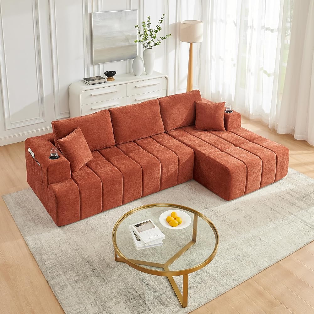 108" L-Shaped Chenille Sectional Sofa, Cloud Style Boneless Sofa, Modern Upholstered Couch with Cup Holders & Side Pockets, Compression Sofa for Living Room, No Assembly Required, Right Chaise, Orange