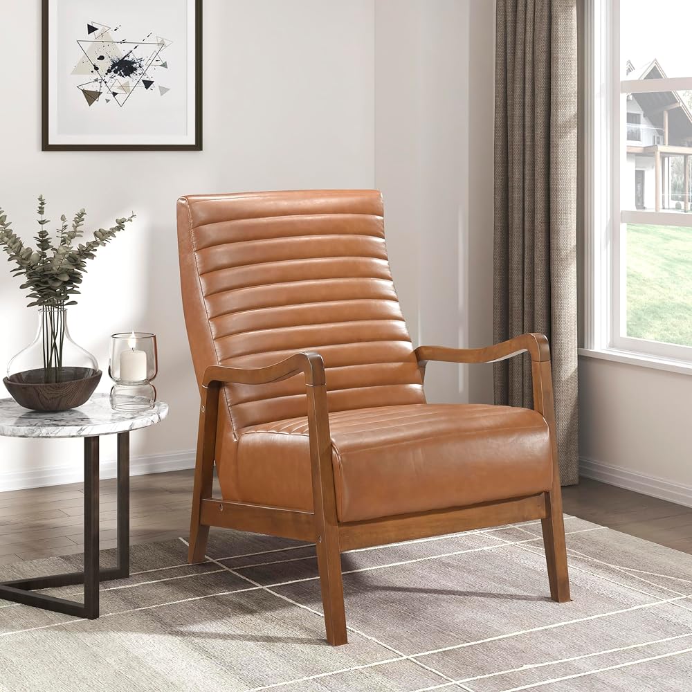 High Back Accent Chair Mid Century Modern Chairs Living Room Chairs Reading Chair for Bedroom with Solid Wood Armrests and Legs, Lounge Chair for Bedroom, Living Room, Sunroom, Office, Camel
