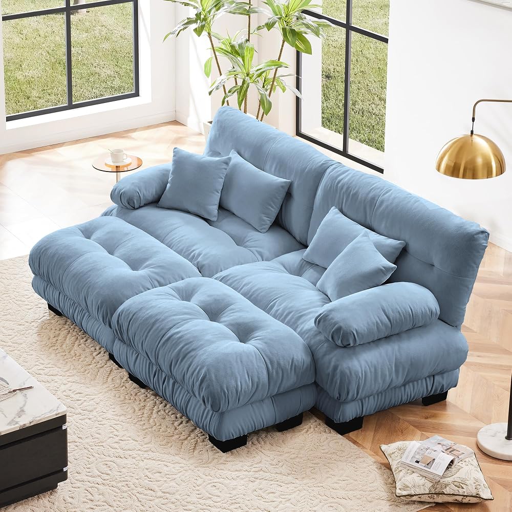 Oversized Modular Velvet Sectional Cloud Sofa Couch with Movable Ottoman,Corner Sofa with Comfortable Armrests, Deep Seat, Convertible L or U Shaped Couch (Sky-Light Blue, 2 Seat +2 Ottoman)