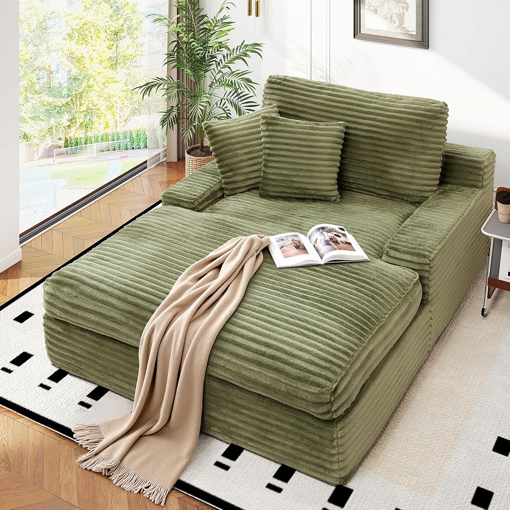57.5" Oversized Chaise Lounge Chair Indoor - Upholstered Sofa Bed with Cushions and Armrests Sleeper Chair - Plush Bed for Living Room(Green