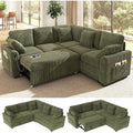 83-inch 5-Seater Large Sectional Sofa Bed with Storage, Corduroy Reversible Modular Sleeper Sofa with USB Port & 4 Pillows, Convertible L-Shaped Couch for Living Room（Green）