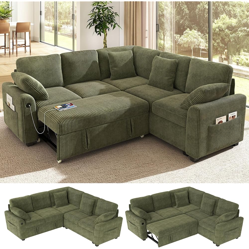 83-inch 5-Seater Large Sectional Sofa Bed with Storage, Corduroy Reversible Modular Sleeper Sofa with USB Port & 4 Pillows, Convertible L-Shaped Couch for Living Room（Green）