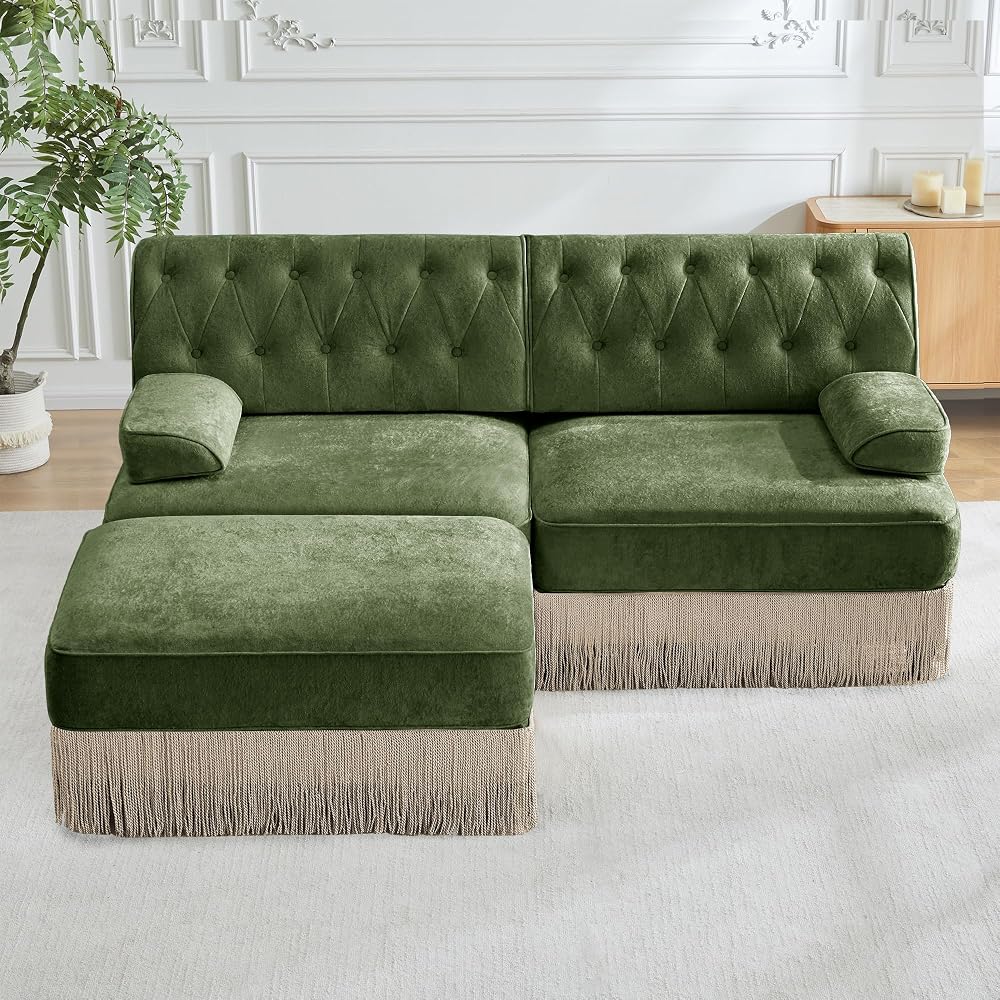Green Velvet Chesterfield Loveseat Sofa with Ottoman, Sectional Couch