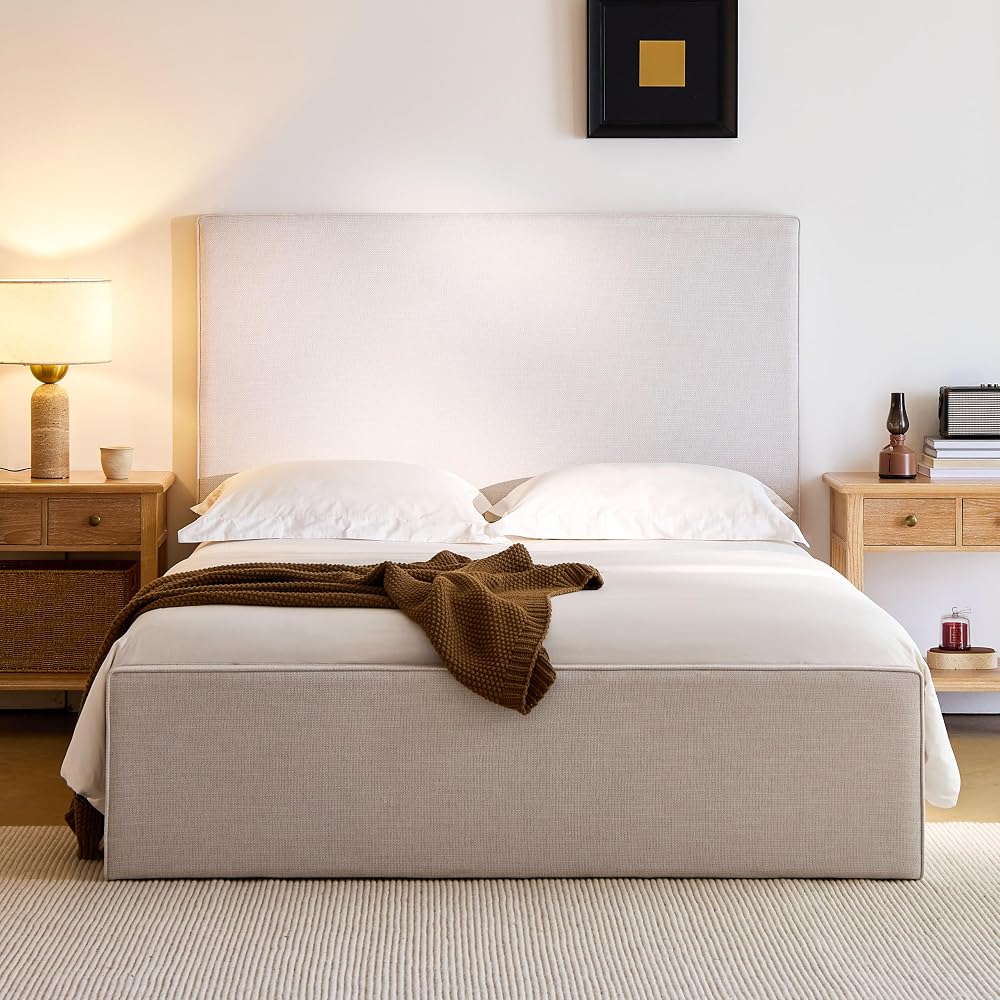 Queen Size Upholstered Bed Frame, 52" High Headboard Bedframe, Lucas Tall Headboard Floor Platform Beds, No Box Spring Needed No Noise/Minimalist, Textured Lvory Canvas Chenille