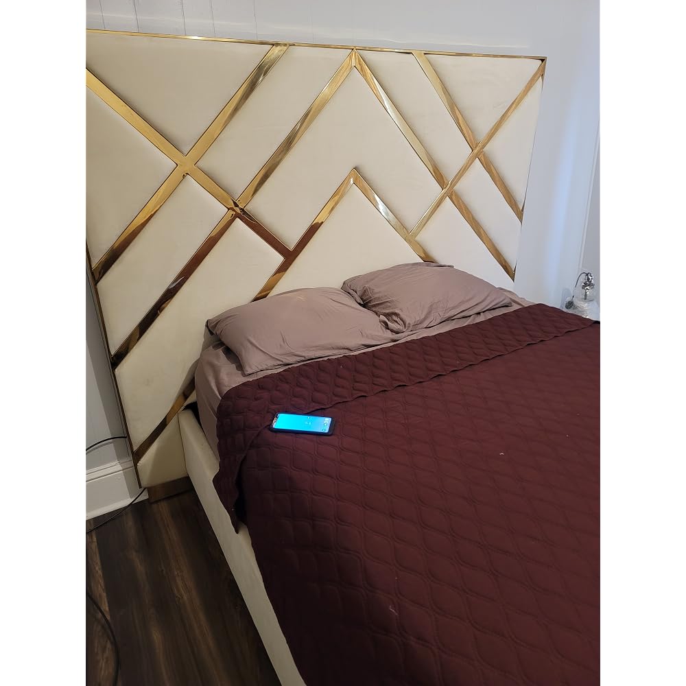 VectorCream-Q Vector Collection Modern | Contemporary Velvet Upholstered Bed, Custom Gold Metal Base and Polished Gold Metal Design, 81.5" W x 85.5" D x 68" H, Cream, Queen